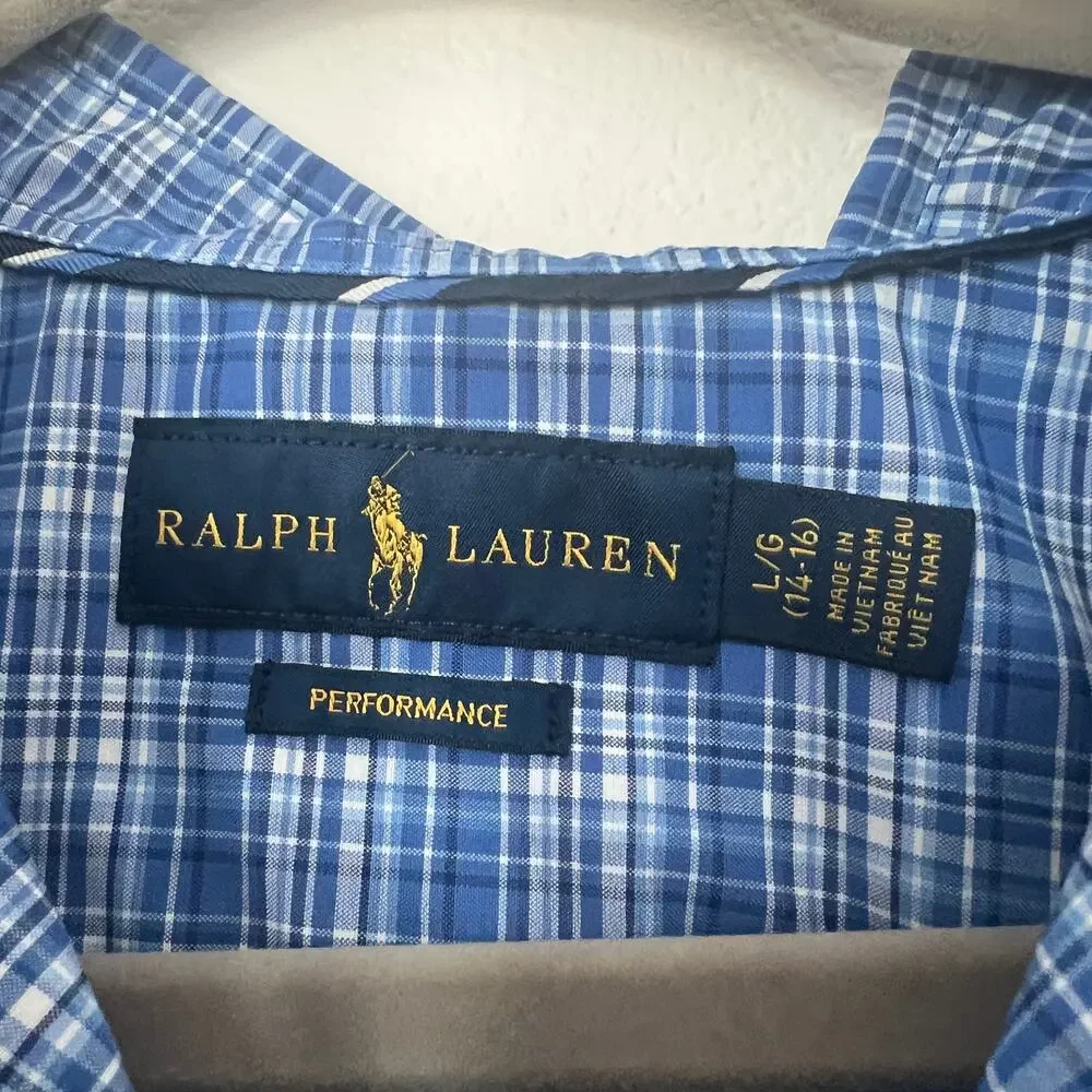 Ralph Lauren Performance Boy's Blue Plaid Long-Sleeve Button-Down Shirt 14-16